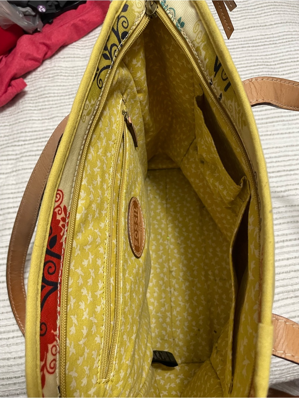 Fossil Yellow Multicolor Tree & Bird Canvas Tote with Tan Leather Trim - Picture 4 of 4